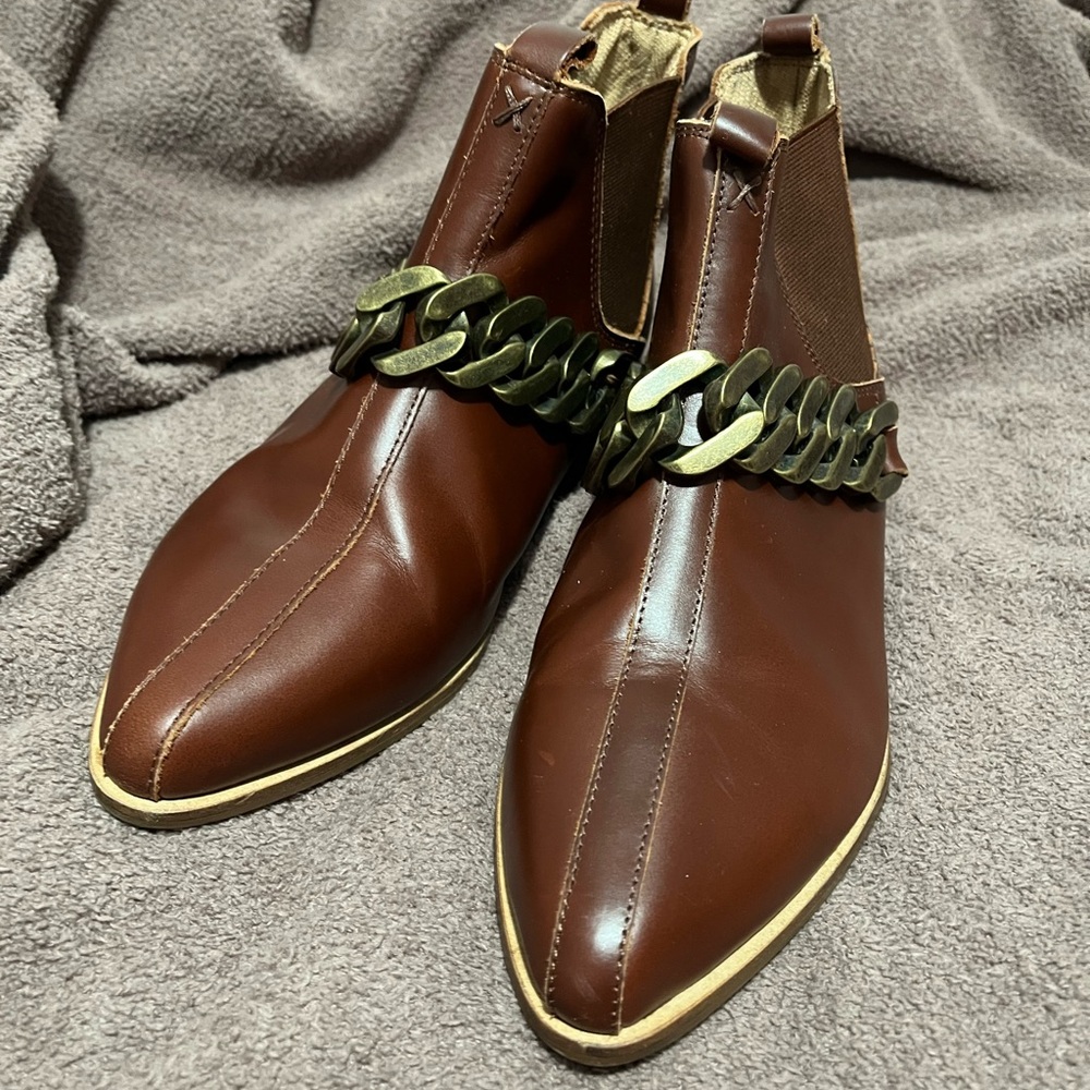 Kelsi Dagger Brown Cognac Genuine Leather Slow Chain Ankle Booties